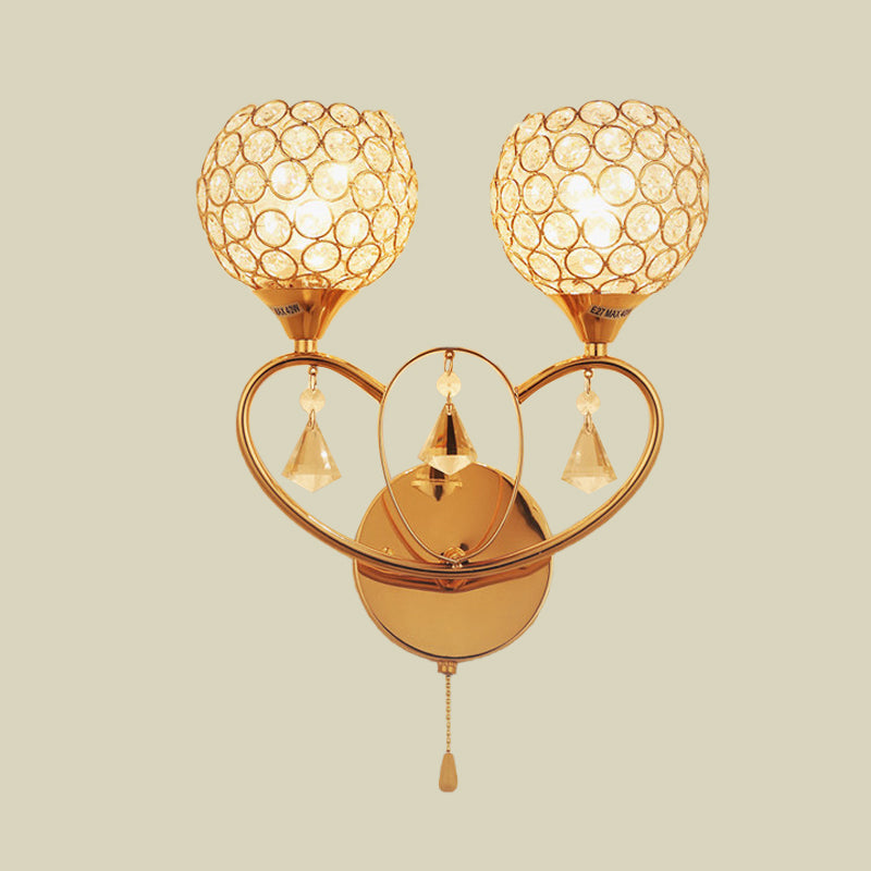 Simple 2 Heads Sconce Light Fixture with Crystal Embedded Shade Gold Global Wall Mount Lamp Clearhalo 'Modern wall lights' 'Modern' 'Wall Lamps & Sconces' 'Wall Lights' Lighting' 916870
