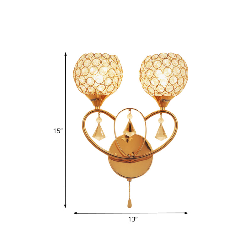 Simple 2 Heads Sconce Light Fixture with Crystal Embedded Shade Gold Global Wall Mount Lamp Clearhalo 'Modern wall lights' 'Modern' 'Wall Lamps & Sconces' 'Wall Lights' Lighting' 916871