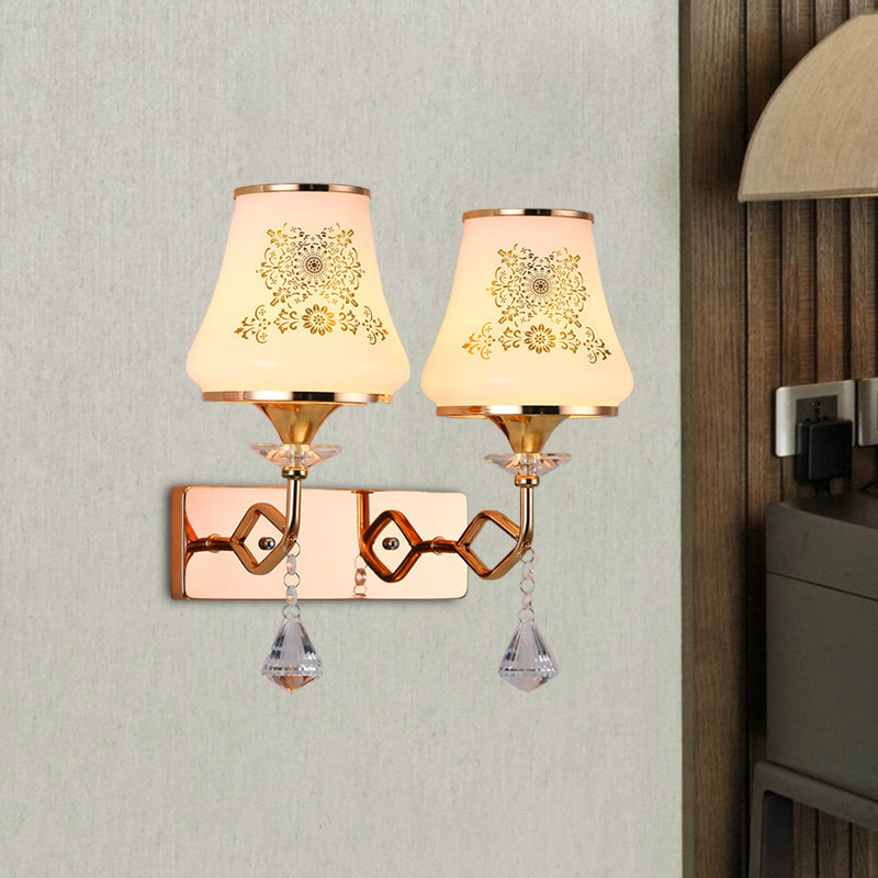 Jar Shaped Bedside Wall Lamp Fixture Patterned Glass 2 Heads Modernism Wall Mounted Light in Gold Gold Clearhalo 'Modern wall lights' 'Modern' 'Wall Lamps & Sconces' 'Wall Lights' Lighting' 916876