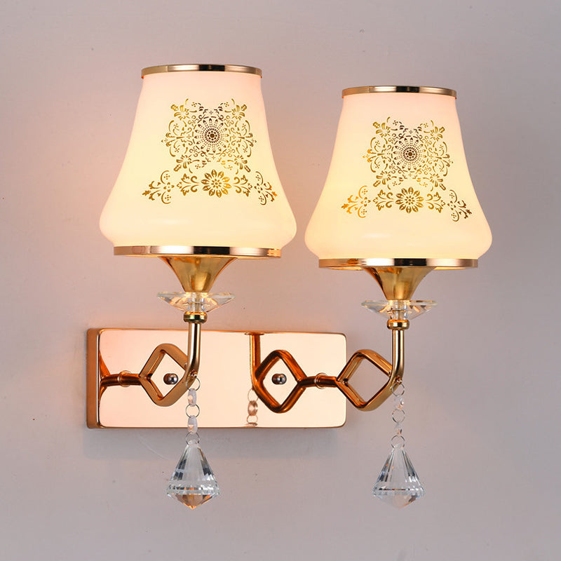Jar Shaped Bedside Wall Lamp Fixture Patterned Glass 2 Heads Modernism Wall Mounted Light in Gold Clearhalo 'Modern wall lights' 'Modern' 'Wall Lamps & Sconces' 'Wall Lights' Lighting' 916878