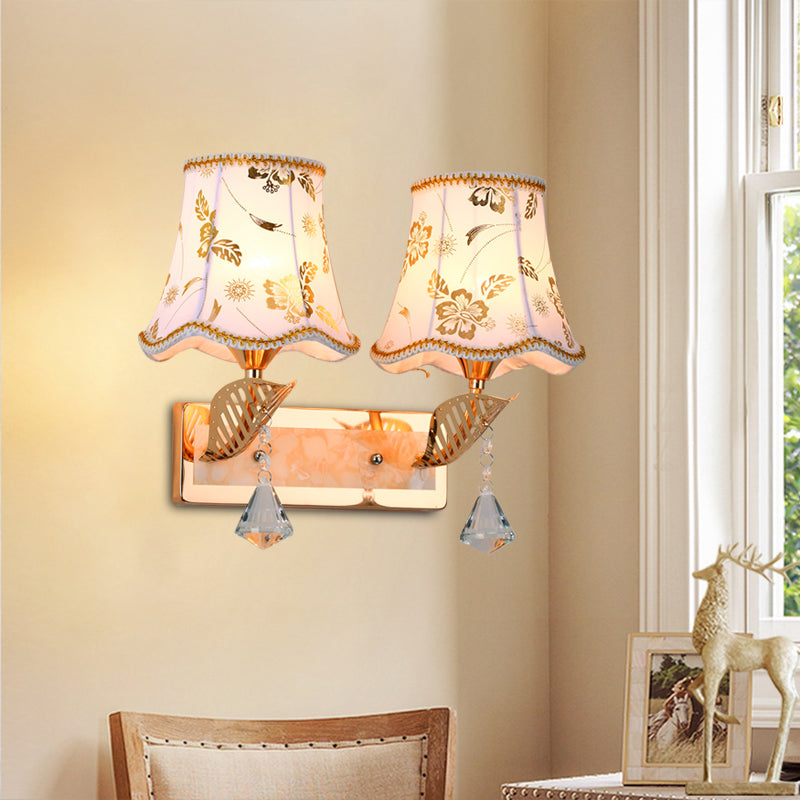 Patterned Fabric Empire Shade Wall Lighting Contemporary 2 Heads Wall Lamp in Gold Finish Gold Clearhalo 'Modern wall lights' 'Modern' 'Wall Lamps & Sconces' 'Wall Lights' Lighting' 916880