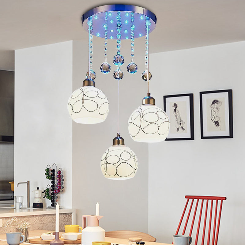 3 Bulbs Dining Room Multi Ceiling Light Modern Chrome Pendulum Lamp with Ball White Glass Shade, Crystal Drop White Clearhalo 'Ceiling Lights' 'Modern Pendants' 'Modern' 'Pendant Lights' 'Pendants' Lighting' 916888