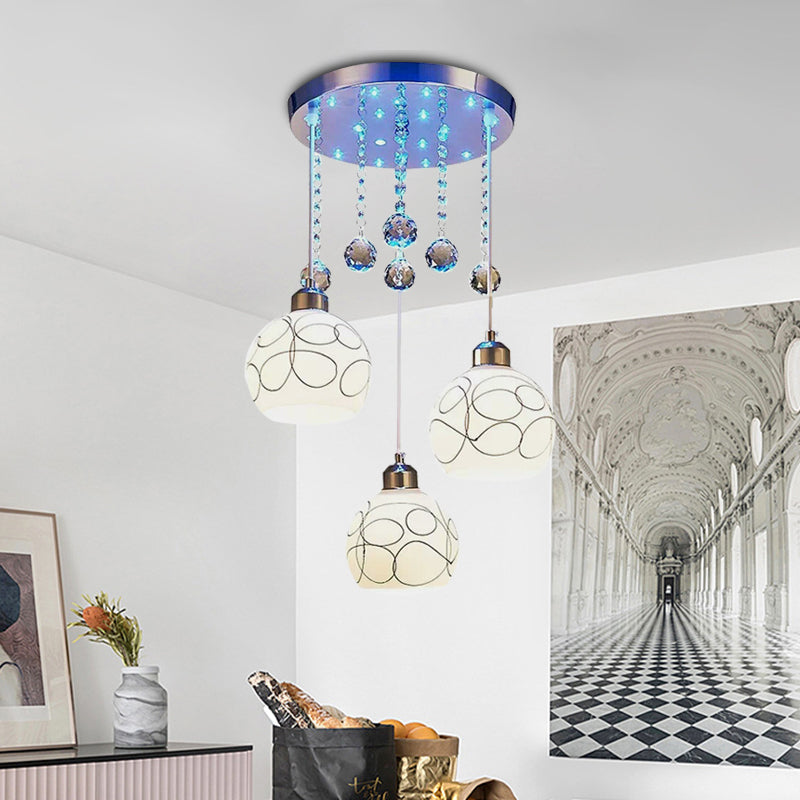3 Bulbs Dining Room Multi Ceiling Light Modern Chrome Pendulum Lamp with Ball White Glass Shade, Crystal Drop Clearhalo 'Ceiling Lights' 'Modern Pendants' 'Modern' 'Pendant Lights' 'Pendants' Lighting' 916889