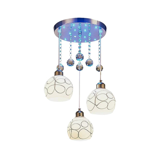 3 Bulbs Dining Room Multi Ceiling Light Modern Chrome Pendulum Lamp with Ball White Glass Shade, Crystal Drop Clearhalo 'Ceiling Lights' 'Modern Pendants' 'Modern' 'Pendant Lights' 'Pendants' Lighting' 916890