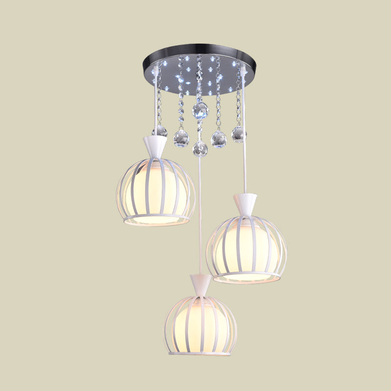 Domed Cage Multi-Pendant Modern Iron 3 Heads White Finish Suspension Light with Opal Glass Shade Inner Clearhalo 'Ceiling Lights' 'Modern Pendants' 'Modern' 'Pendant Lights' 'Pendants' Lighting' 916894