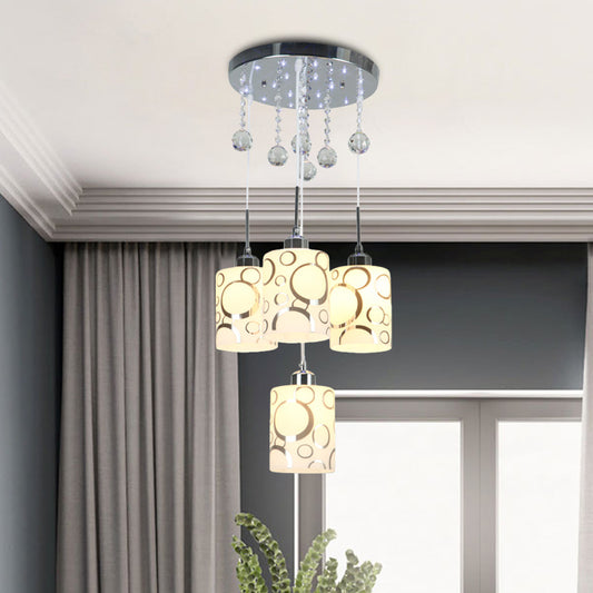 Patterned Glass Cylinder Multiple Hanging Lamp Modernism 4 Bulbs Pendulum Light in Chrome with Crystal Drip Clearhalo 'Ceiling Lights' 'Modern Pendants' 'Modern' 'Pendant Lights' 'Pendants' Lighting' 916897