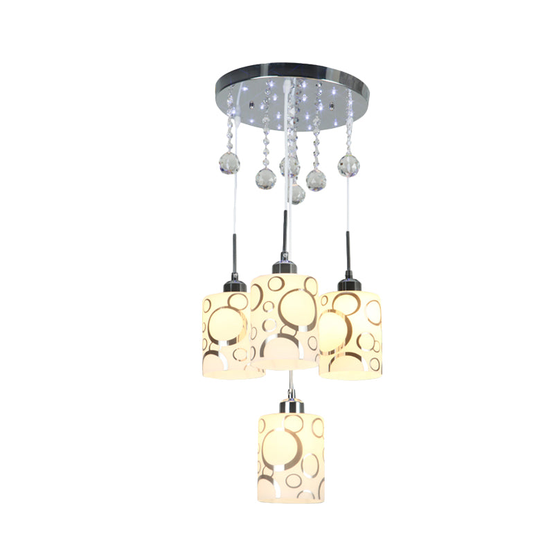 Patterned Glass Cylinder Multiple Hanging Lamp Modernism 4 Bulbs Pendulum Light in Chrome with Crystal Drip Clearhalo 'Ceiling Lights' 'Modern Pendants' 'Modern' 'Pendant Lights' 'Pendants' Lighting' 916898