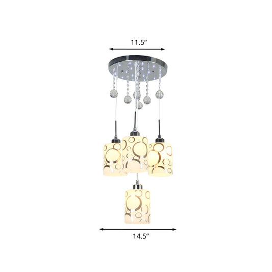 Patterned Glass Cylinder Multiple Hanging Lamp Modernism 4 Bulbs Pendulum Light in Chrome with Crystal Drip Clearhalo 'Ceiling Lights' 'Modern Pendants' 'Modern' 'Pendant Lights' 'Pendants' Lighting' 916899