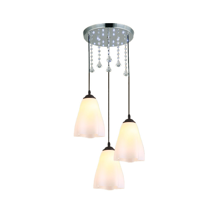 Floral White Glass Down Lighting Minimalist 3-Light Black Multi Light Pendant with Crystal Accent Clearhalo 'Ceiling Lights' 'Modern Pendants' 'Modern' 'Pendant Lights' 'Pendants' Lighting' 916901