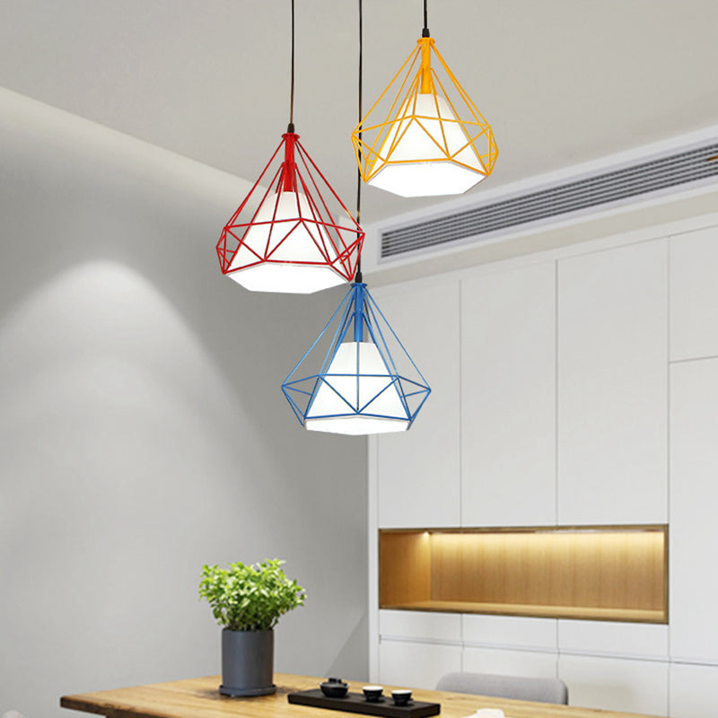 Red-Yellow-Blue Diamond Cage Pendant Lamp Modern 3-Head Iron Multi Light Ceiling Lighting Clearhalo 'Ceiling Lights' 'Modern Pendants' 'Modern' 'Pendant Lights' 'Pendants' Lighting' 916905