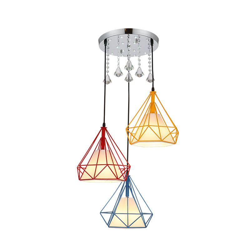 Red-Yellow-Blue Diamond Cage Pendant Lamp Modern 3-Head Iron Multi Light Ceiling Lighting Clearhalo 'Ceiling Lights' 'Modern Pendants' 'Modern' 'Pendant Lights' 'Pendants' Lighting' 916906