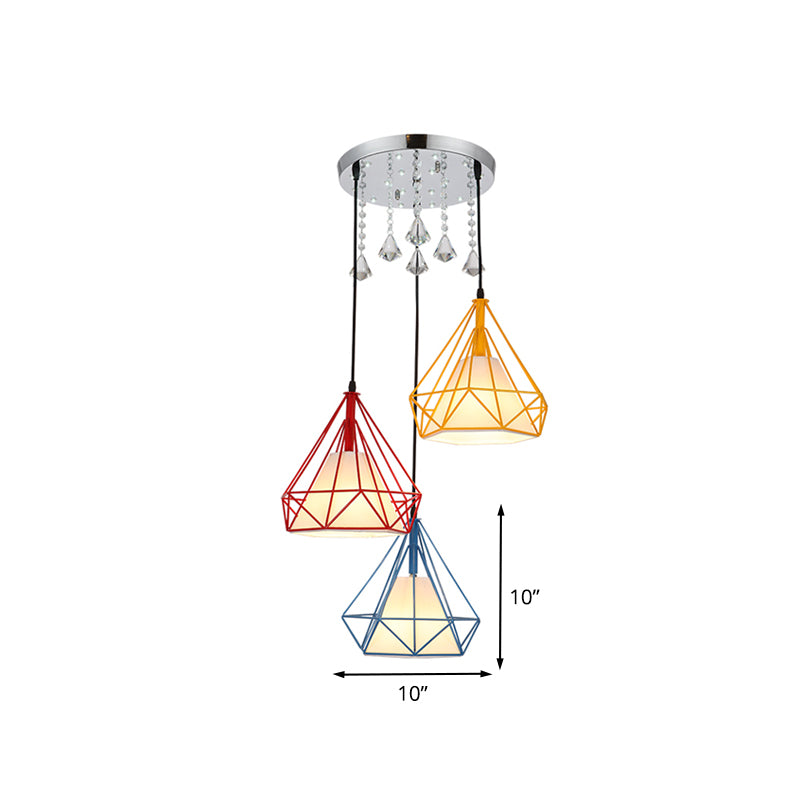 Red-Yellow-Blue Diamond Cage Pendant Lamp Modern 3-Head Iron Multi Light Ceiling Lighting Clearhalo 'Ceiling Lights' 'Modern Pendants' 'Modern' 'Pendant Lights' 'Pendants' Lighting' 916907