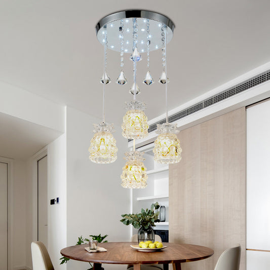 4-Bulb Dining Room Cluster Pendant Modernism Chrome Hanging Light Kit with Cup-Shape Crystal Shade Chrome Clearhalo 'Ceiling Lights' 'Modern Pendants' 'Modern' 'Pendant Lights' 'Pendants' Lighting' 916908