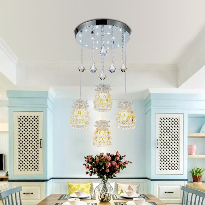 4-Bulb Dining Room Cluster Pendant Modernism Chrome Hanging Light Kit with Cup-Shape Crystal Shade Clearhalo 'Ceiling Lights' 'Modern Pendants' 'Modern' 'Pendant Lights' 'Pendants' Lighting' 916909