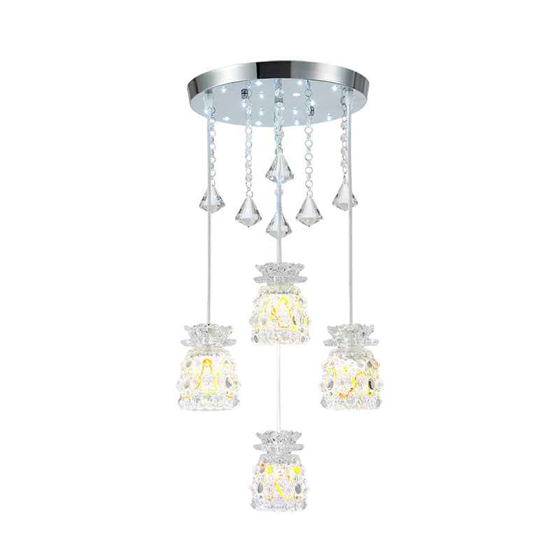 4-Bulb Dining Room Cluster Pendant Modernism Chrome Hanging Light Kit with Cup-Shape Crystal Shade Clearhalo 'Ceiling Lights' 'Modern Pendants' 'Modern' 'Pendant Lights' 'Pendants' Lighting' 916910