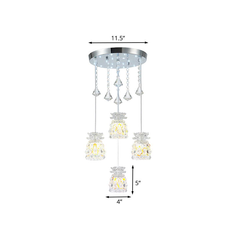 4-Bulb Dining Room Cluster Pendant Modernism Chrome Hanging Light Kit with Cup-Shape Crystal Shade Clearhalo 'Ceiling Lights' 'Modern Pendants' 'Modern' 'Pendant Lights' 'Pendants' Lighting' 916911