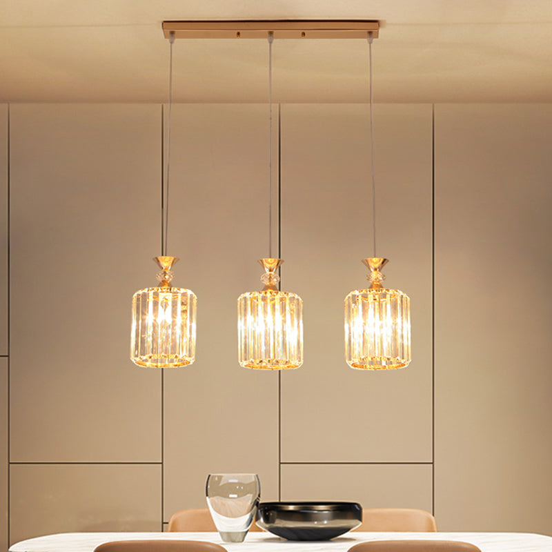 Gold Cylinder Ceiling Suspension Light Simple 3 Lights Crystal Prisms Multi Pendant Lamp Fixture Gold Clearhalo 'Ceiling Lights' 'Modern Pendants' 'Modern' 'Pendant Lights' 'Pendants' Lighting' 916912
