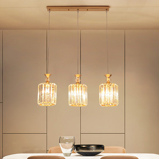 Gold Cylinder Ceiling Suspension Light Simple 3 Lights Crystal Prisms Multi Pendant Lamp Fixture Gold Clearhalo 'Ceiling Lights' 'Modern Pendants' 'Modern' 'Pendant Lights' 'Pendants' Lighting' 916912