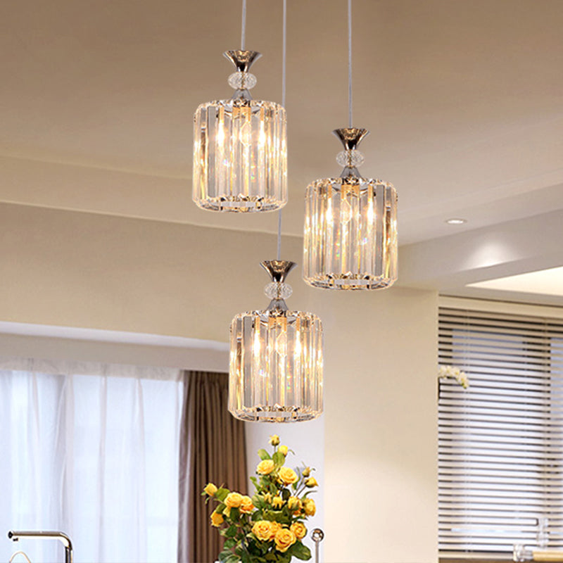 Clear Crystal Prisms Cylinder Multi-Pendant Minimal 3 Heads Chrome Finish Ceiling Hang Fixture Chrome Clearhalo 'Ceiling Lights' 'Modern Pendants' 'Modern' 'Pendant Lights' 'Pendants' Lighting' 916916