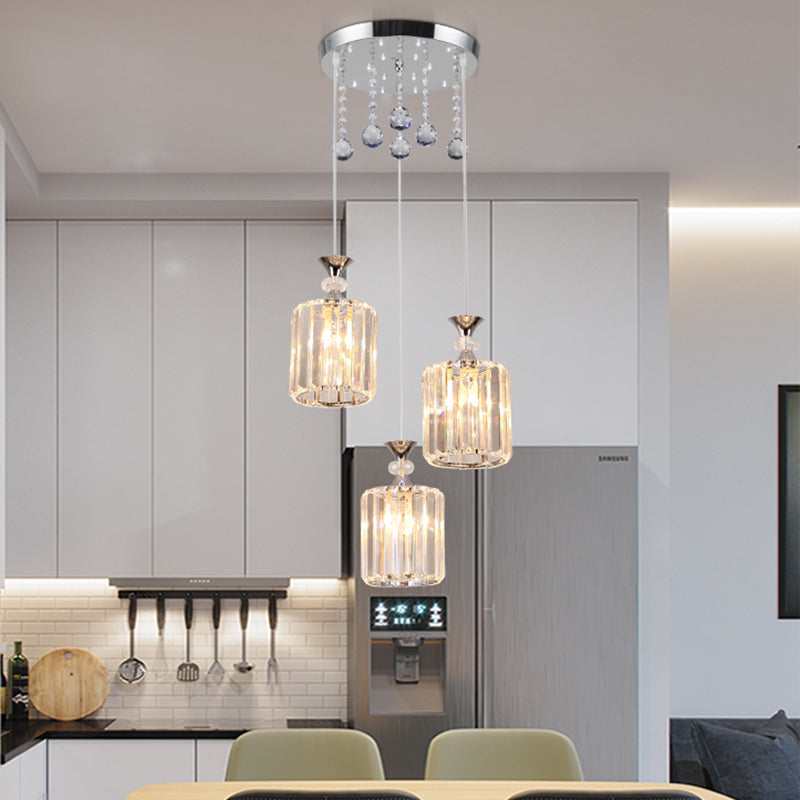 Clear Crystal Prisms Cylinder Multi-Pendant Minimal 3 Heads Chrome Finish Ceiling Hang Fixture Clearhalo 'Ceiling Lights' 'Modern Pendants' 'Modern' 'Pendant Lights' 'Pendants' Lighting' 916917