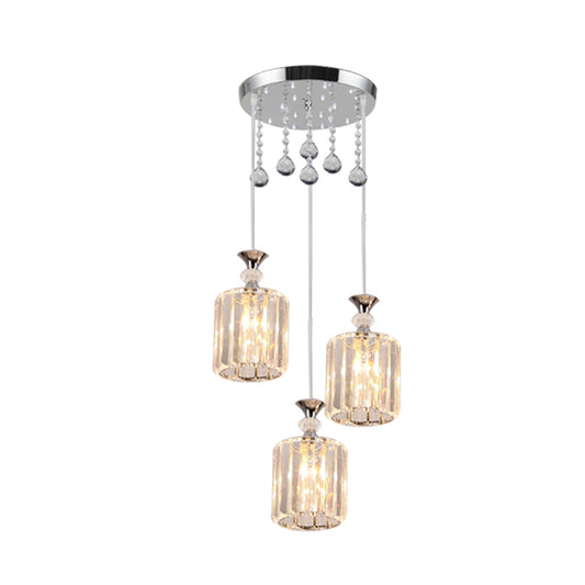 Clear Crystal Prisms Cylinder Multi-Pendant Minimal 3 Heads Chrome Finish Ceiling Hang Fixture Clearhalo 'Ceiling Lights' 'Modern Pendants' 'Modern' 'Pendant Lights' 'Pendants' Lighting' 916918