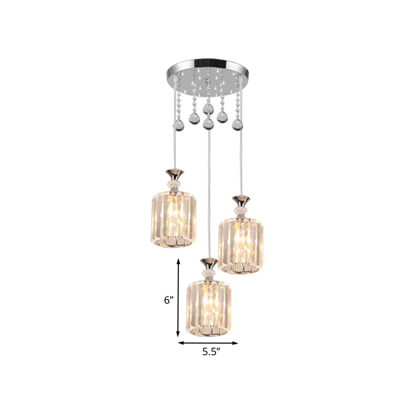 Clear Crystal Prisms Cylinder Multi-Pendant Minimal 3 Heads Chrome Finish Ceiling Hang Fixture Clearhalo 'Ceiling Lights' 'Modern Pendants' 'Modern' 'Pendant Lights' 'Pendants' Lighting' 916919