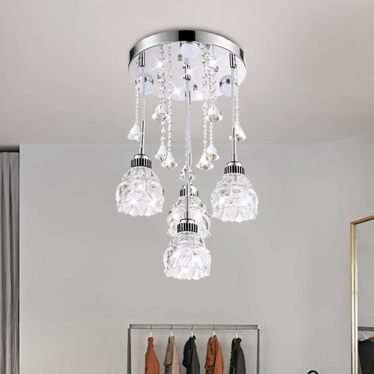 Modern 4 Heads Multi-Pendant with Clear Crystal Shade Chrome Finish Flower Ceiling Light Fixture Silver Clearhalo 'Ceiling Lights' 'Glass shade' 'Glass' 'Island Lights' 'Modern Pendants' 'Modern' 'Pendant Lights' 'Pendants' Lighting' 916957