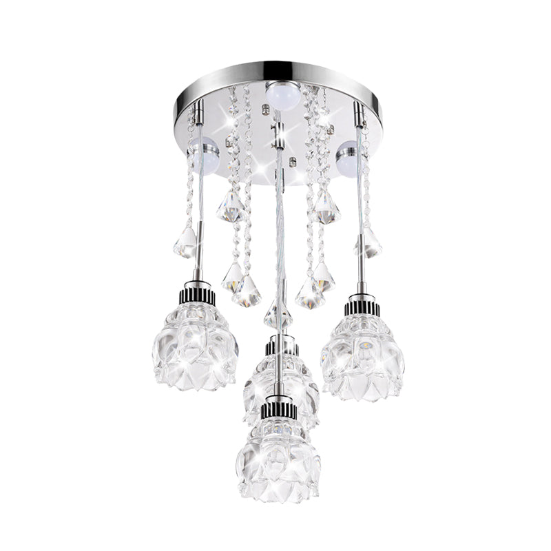 Modern 4 Heads Multi-Pendant with Clear Crystal Shade Chrome Finish Flower Ceiling Light Fixture Clearhalo 'Ceiling Lights' 'Glass shade' 'Glass' 'Island Lights' 'Modern Pendants' 'Modern' 'Pendant Lights' 'Pendants' Lighting' 916959