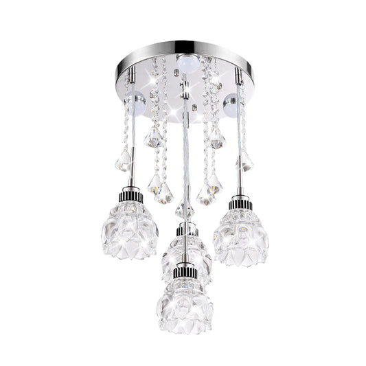 Modern 4 Heads Multi-Pendant with Clear Crystal Shade Chrome Finish Flower Ceiling Light Fixture Clearhalo 'Ceiling Lights' 'Glass shade' 'Glass' 'Island Lights' 'Modern Pendants' 'Modern' 'Pendant Lights' 'Pendants' Lighting' 916959