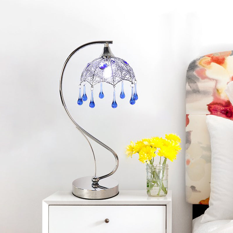 Umbrella Metal Night Table Light Contemporary LED Chrome Nightstand Lamp with Teardrop Blue Glass Decor Chrome Clearhalo 'Lamps' 'Table Lamps' Lighting' 916989