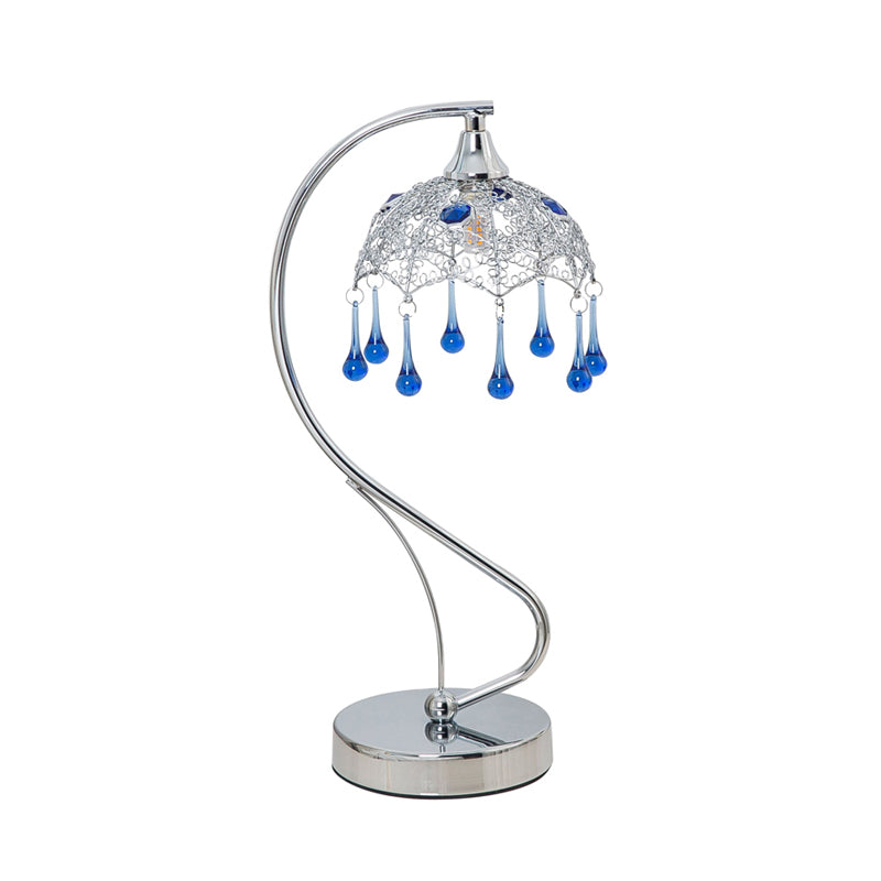 Umbrella Metal Night Table Light Contemporary LED Chrome Nightstand Lamp with Teardrop Blue Glass Decor Clearhalo 'Lamps' 'Table Lamps' Lighting' 916991