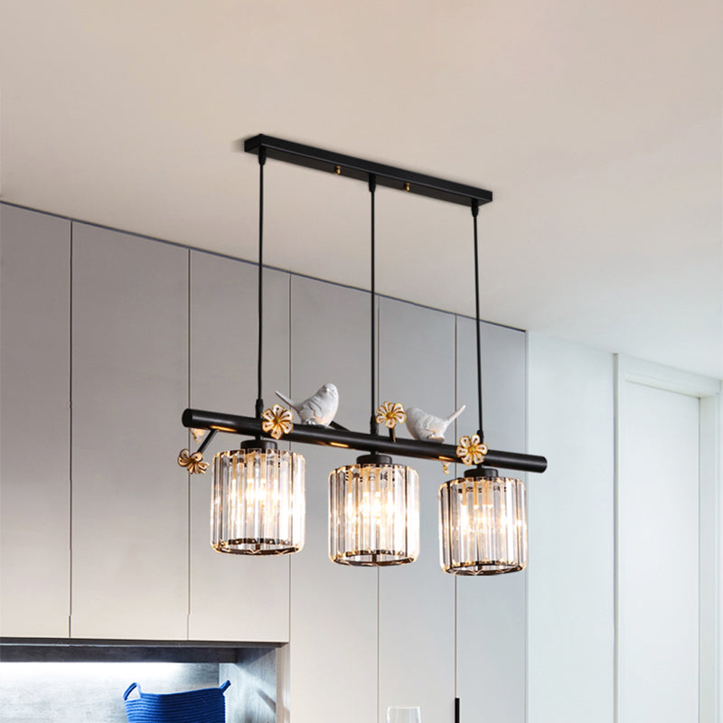 Black Cylinder Island Light Modernist 3 Lights Crystal Rectangle Pendant Lamp with Floret and Bird Decor Black Clearhalo 'Ceiling Lights' 'Island Lights' Lighting' 916993
