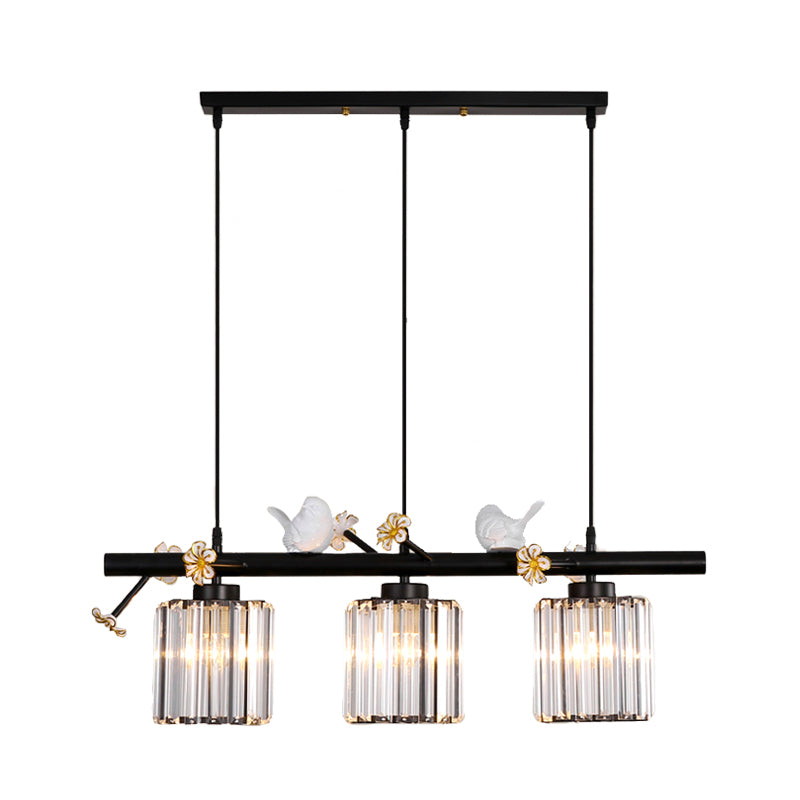 Black Cylinder Island Light Modernist 3 Lights Crystal Rectangle Pendant Lamp with Floret and Bird Decor Clearhalo 'Ceiling Lights' 'Island Lights' Lighting' 916994
