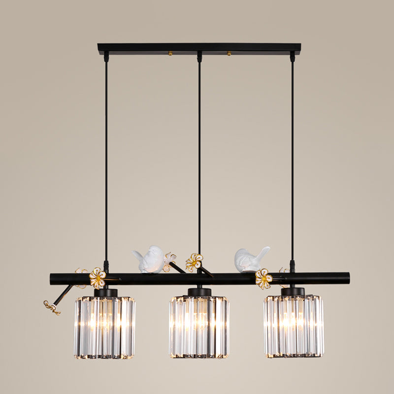 Black Cylinder Island Light Modernist 3 Lights Crystal Rectangle Pendant Lamp with Floret and Bird Decor Clearhalo 'Ceiling Lights' 'Island Lights' Lighting' 916995