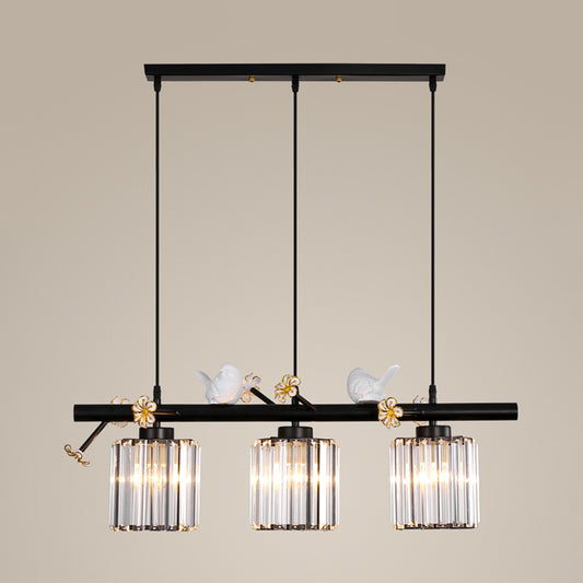 Black Cylinder Island Light Modernist 3 Lights Crystal Rectangle Pendant Lamp with Floret and Bird Decor Clearhalo 'Ceiling Lights' 'Island Lights' Lighting' 916995