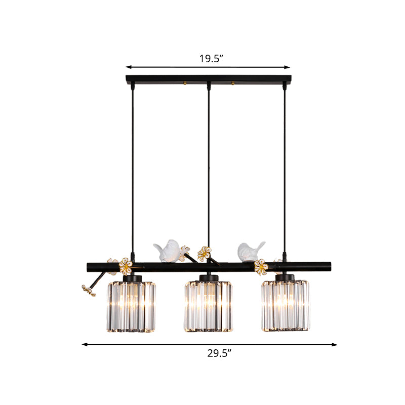 Black Cylinder Island Light Modernist 3 Lights Crystal Rectangle Pendant Lamp with Floret and Bird Decor Clearhalo 'Ceiling Lights' 'Island Lights' Lighting' 916996