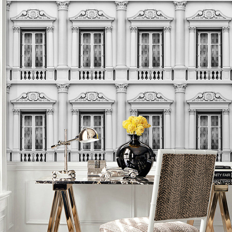 Full Size Wall Art Retro Window and Balcony of Romanian Style Mural Wallpaper in Grey and White Grey Clearhalo 'Wall Decor' 'Wall Mural' 917074