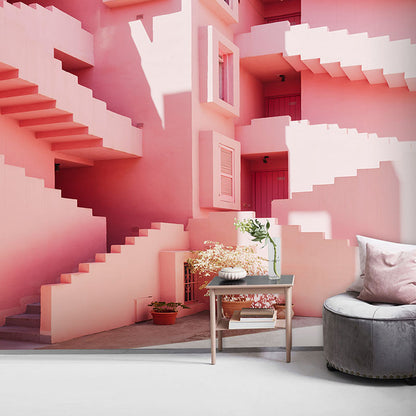 Illustration Style Mural Wallpaper Stairs and Apartment Giant Wall Covering for Home Decor, Made to Measure Pink Clearhalo 'Wall Decor' 'Wall Mural' 917109