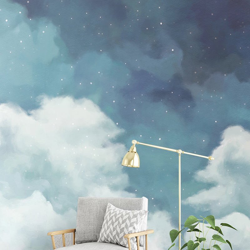Fresh Mural Wallpaper for Living Room, Pastel Blue and White Cloudy Sky and Star, Made to Measure Blue-White Clearhalo 'Wall Decor' 'Wall Mural' 917164