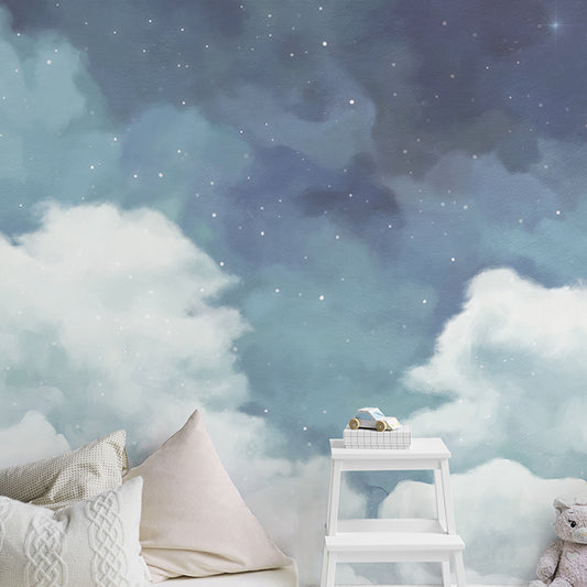 Sfondo murale fresco per soggiorno, cielo e stella nuvoloso blu pastello e bianco, realizzati per misurare
