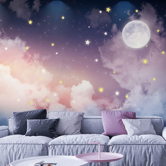 Full Size Wall Mural Tranquil Novelty Moon and Star Wall Decor in Pink and Purple Purple-Pink Clearhalo 'Wall Decor' 'Wall Mural' 917179