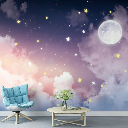 Full Size Wall Mural Tranquil Novelty Moon and Star Wall Decor in Pink and Purple Clearhalo 'Wall Decor' 'Wall Mural' 917180