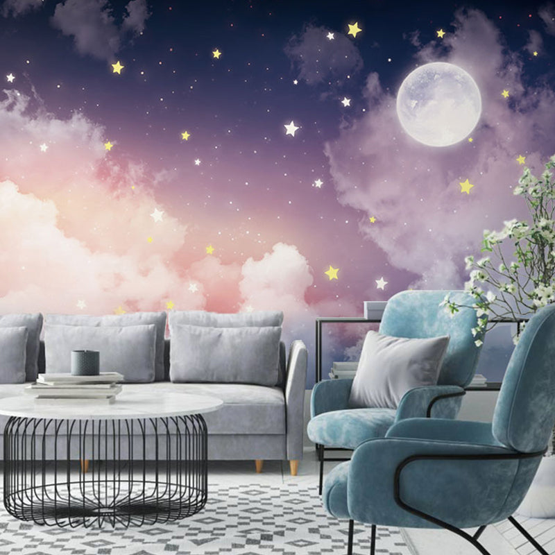 Full Size Wall Mural Tranquil Novelty Moon and Star Wall Decor in Pink and Purple Clearhalo 'Wall Decor' 'Wall Mural' 917181