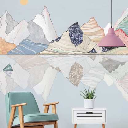 Giant Mural Wallpaper for Fireplace Sketch of Mountain Wall Art in Multi-Color, Water-Resistant Blue-Grey-Yellow Clearhalo 'Wall Decor' 'Wall Mural' 917294