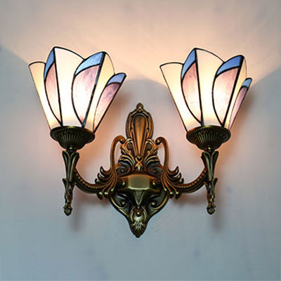 Multicolored Cone Wall Lamp Tiffany Glass 2 Heads Wall Mount Light in Pink for Dining Room Pink Clearhalo 'Industrial' 'Middle century wall lights' 'Tiffany wall lights' 'Tiffany' 'Wall Lamps & Sconces' 'Wall Lights' Lighting' 91742
