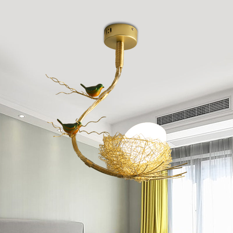 Rustic Bird Egg Shaped Ceiling Chandelier 3 Lights Milk White Glass Golden Hanging Ceiling Light with Branch and Nest Gold Clearhalo 'Ceiling Lights' 'Chandeliers' 'Glass shade' 'Glass' 'Modern Pendants' 'Modern' 'Pendant Lights' 'Pendants' Lighting' 917438