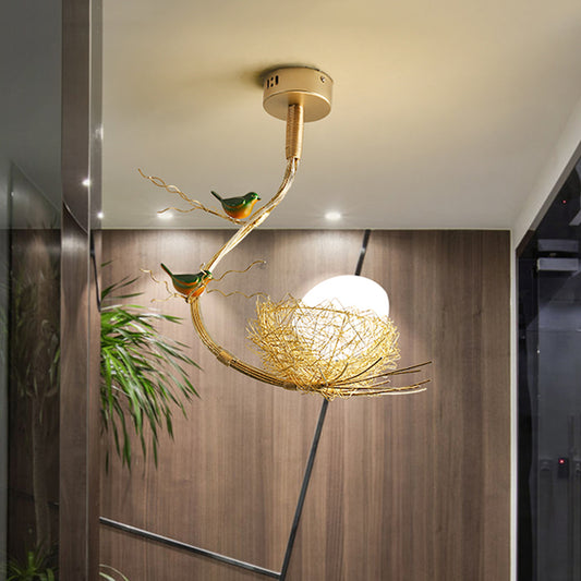 Rustic Bird Egg Shaped Ceiling Chandelier 3 Lights Milk White Glass Golden Hanging Ceiling Light with Branch and Nest Clearhalo 'Ceiling Lights' 'Chandeliers' 'Glass shade' 'Glass' 'Modern Pendants' 'Modern' 'Pendant Lights' 'Pendants' Lighting' 917439
