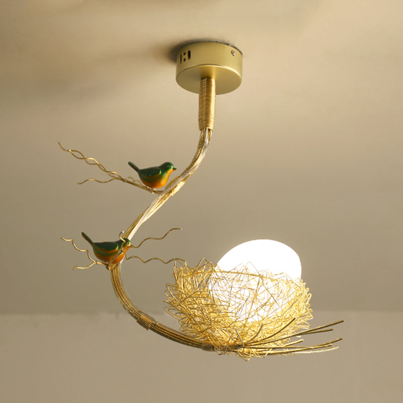 Rustic Bird Egg Shaped Ceiling Chandelier 3 Lights Milk White Glass Golden Hanging Ceiling Light with Branch and Nest Clearhalo 'Ceiling Lights' 'Chandeliers' 'Glass shade' 'Glass' 'Modern Pendants' 'Modern' 'Pendant Lights' 'Pendants' Lighting' 917440