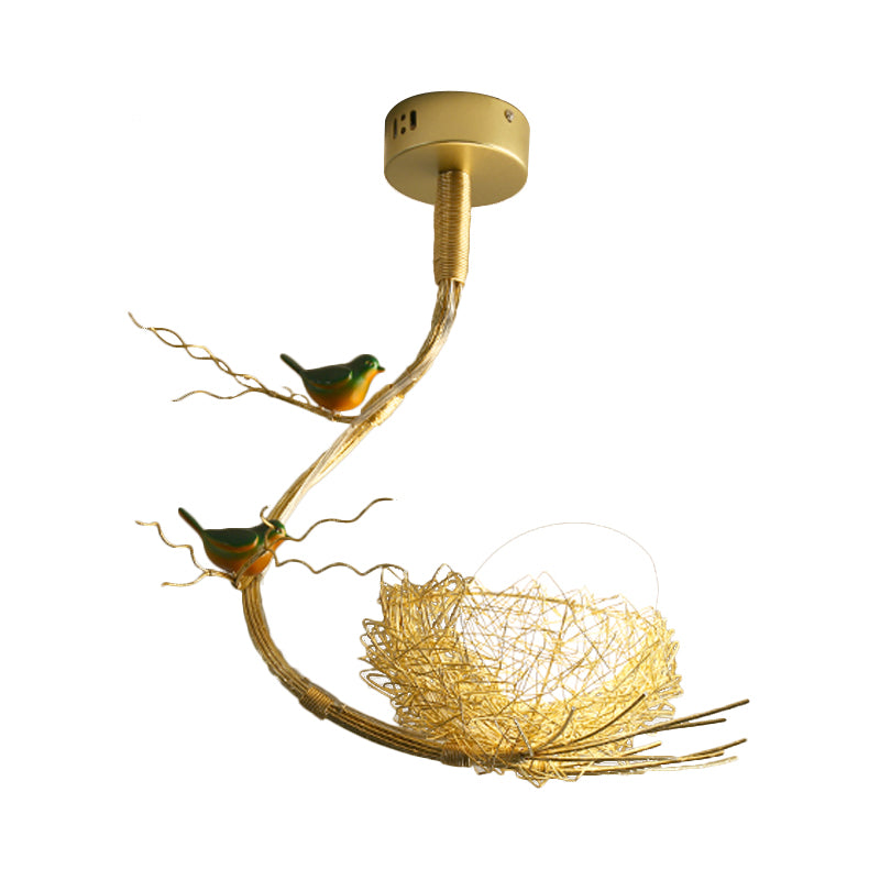 Rustic Bird Egg Shaped Ceiling Chandelier 3 Lights Milk White Glass Golden Hanging Ceiling Light with Branch and Nest Clearhalo 'Ceiling Lights' 'Chandeliers' 'Glass shade' 'Glass' 'Modern Pendants' 'Modern' 'Pendant Lights' 'Pendants' Lighting' 917441