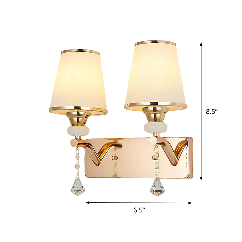 2-Bulb Regular Wall Sconce Light Contemporary Gold Crystal Conical Shade Wall Mount Lighting Clearhalo 'Modern wall lights' 'Modern' 'Wall Lamps & Sconces' 'Wall Lights' Lighting' 917455
